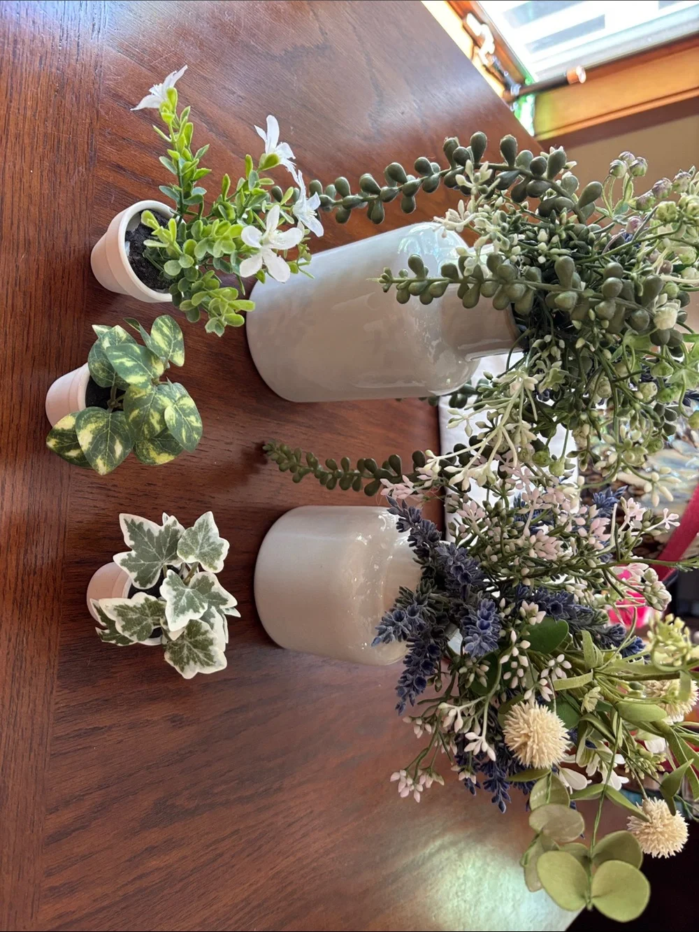Neutral Ceramic Vase with Green and Purple Faux Floral Arrangement